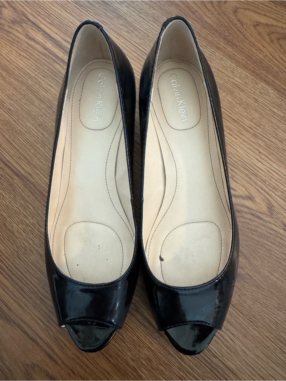 Calvin Klein Women's Black Patent Peep Toe Flats